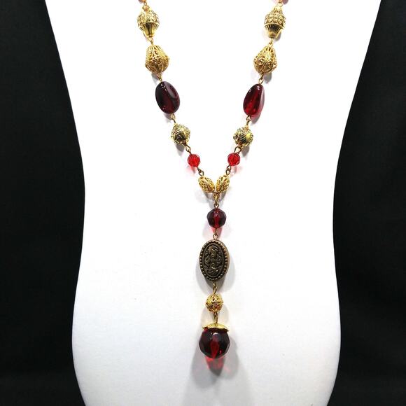 Vintage Long Tassel Necklace, Large Red Lucite & Filigree beads, Wire Wrapped - Picture 6 of 10